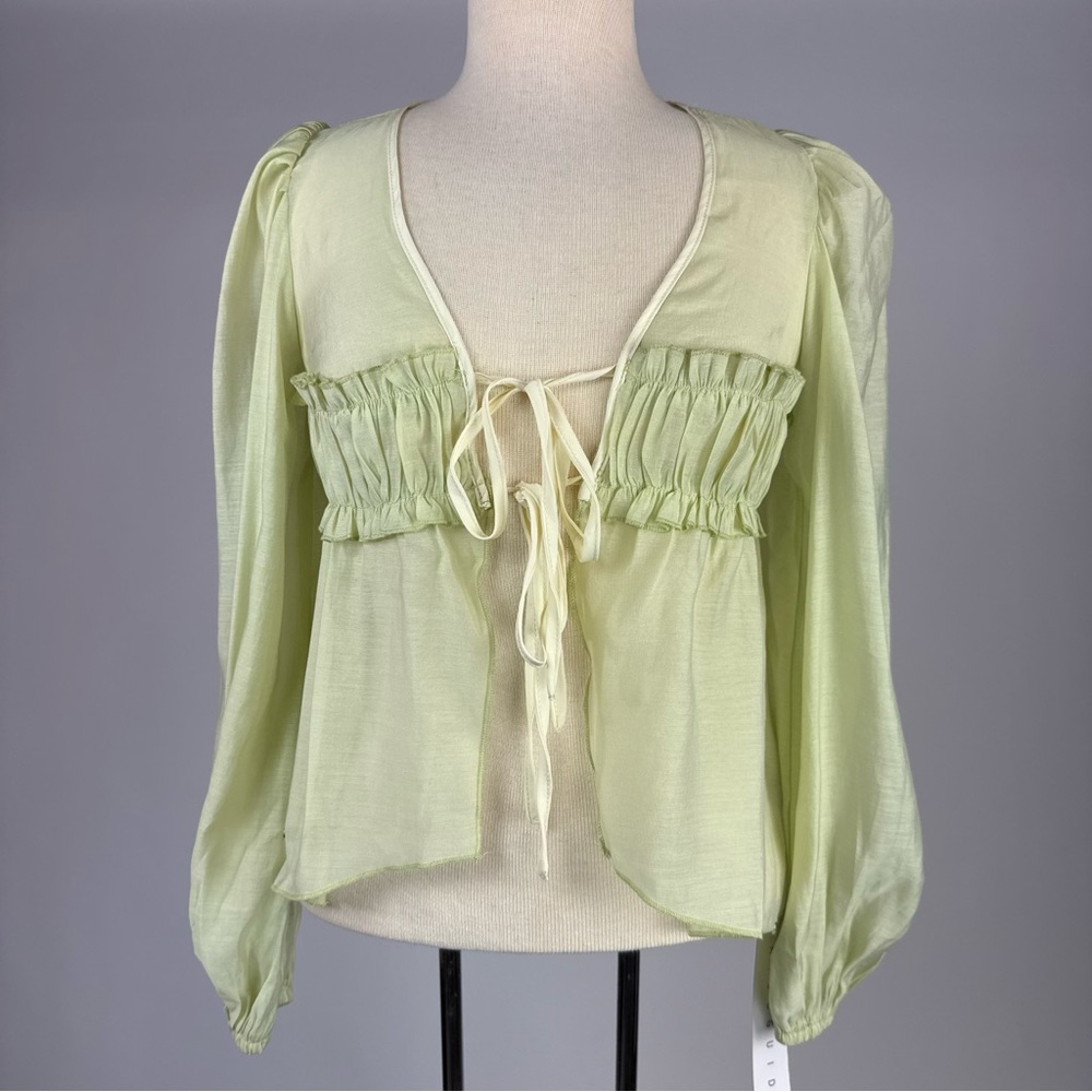 Missguided NWT Pale Lime Tie-Front Peasant Crop Top with Poet Sleeves Small